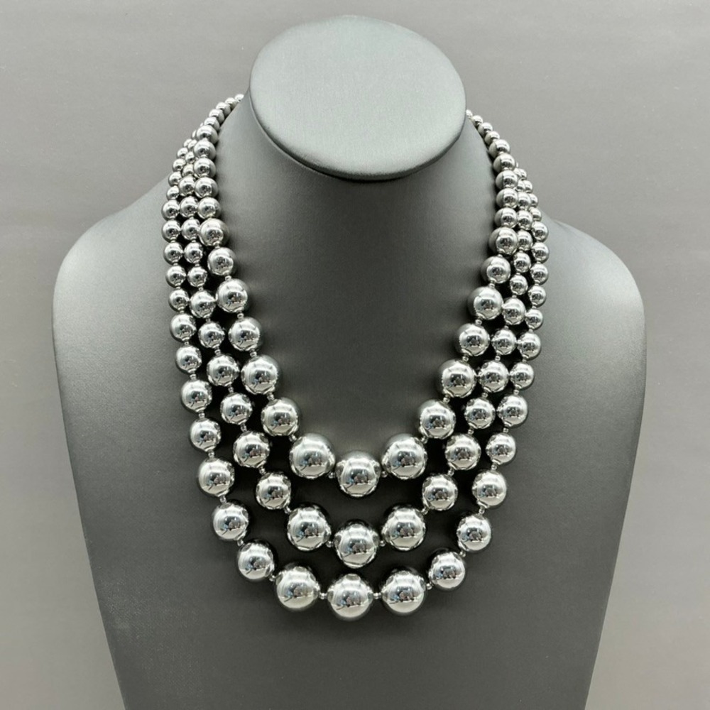 Charter Club Triple Strand Bead Necklace Women Silver Tone Graduated Statement